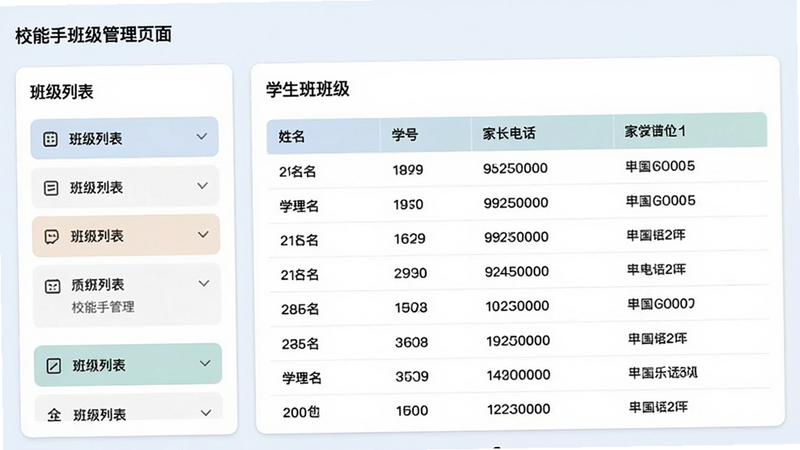 校能手班级管理页面截图,左侧显示班级列表,右侧展示选中班级的学生详细信息表格,包括姓名、学号、家长电话等,界面采用卡片式布局,配色柔和,清晰易读,高画质。