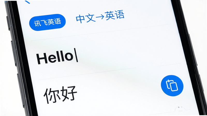 主体:一部手机屏幕,显示讯飞翻译的翻译结果界面;布局:上下结构,上方输入原文,下方显示译文;排版:顶部语言选择“中文→英语”,中间原文“Hello”,下方译文“你好”,结果文字清晰;风格:简洁白底,蓝色强调;细节:有语言切换按钮和复制图标;画质:高清,干净无多余元素。