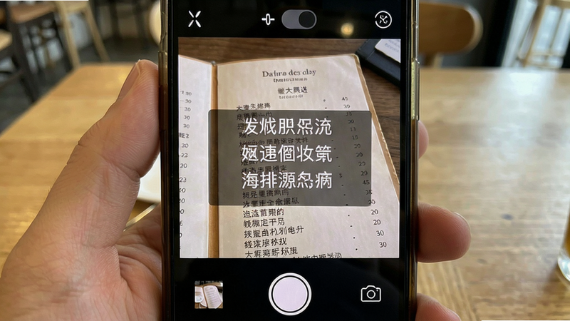主体:手机屏幕显示拍照翻译取景界面;布局:取景框对准一本外文菜单,屏幕上叠加显示翻译后的中文文字;排版:底部拍照按钮,顶部有闪光灯切换;风格:真实场景拍摄风格,半透明翻译图层;细节:菜单上的法文被替换为中文,文字对齐;画质:高清实拍质感,干净无多余元素。