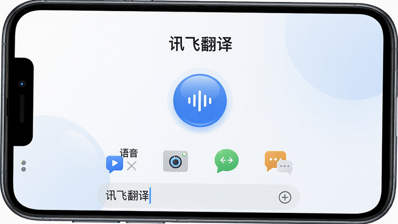 主体:一部智能手机屏幕,显示讯飞翻译APP主界面;布局:中心构图,APP界面居中,上下留白;排版:顶部有“讯飞翻译”字样,中部一个大圆形的语音按钮,下方一排功能图标(语音、拍照、对话等);风格:扁平化UI,白蓝渐变背景;细节:按钮有光泽感,文本输入框有光标;画质:超清4K,干净无多余元素。