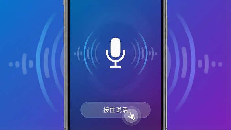 主体:手机屏幕显示语音翻译界面;布局:中心大麦克风图标,底部“按住说话”按钮;排版:麦克风周围有动态音波动画;风格:科技感蓝紫色渐变背景,白色图标;细节:音波条随音量变化,按钮有按压反馈效果;画质:4K超清,无多余元素。