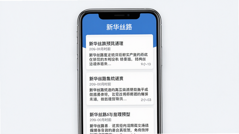 主体: 新华丝路app主界面预览,布局: 手机屏幕居中,顶部显示软件名称“新华丝路”,下方为新闻列表,包含三篇摘要,排版: 列表式卡片布局,风格: 扁平化设计,蓝白主色调,细节: 每张卡片有标题、时间、摘要,画质: 4K高清,干净,无多余元素