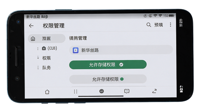 主体: 新华丝路app在安卓手机上运行效果,布局: 手机横屏展示设置界面,排版: 显示“权限管理”页面,风格: 真实手机截屏风格,细节: 屏幕中有“允许存储权限”按钮,画质: 高清,干净,无多余元素