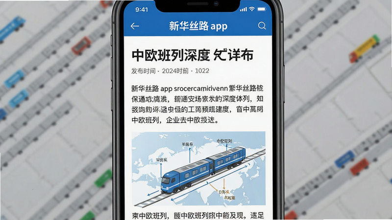 主体: 新华丝路app资讯详情页,布局: 手机屏幕中心显示一篇“中欧班列”深度报道,排版: 文章标题、发布时间、正文按顺序垂直排列,风格: 简洁阅读模式,蓝白配色,细节: 正文中穿插两张示意图,文字清晰,画质: 高清,干净,无多余元素