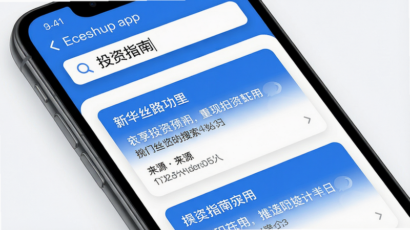 主体: 新华丝路app搜索功能界面,布局: 手机顶部搜索框,下方显示搜索结果卡片列表,排版: 每个卡片包含标题、摘要、来源,风格: 卡片式布局,蓝色强调色,细节: 搜索框内有“投资指南”关键词,画质: 高清,干净,无多余元素