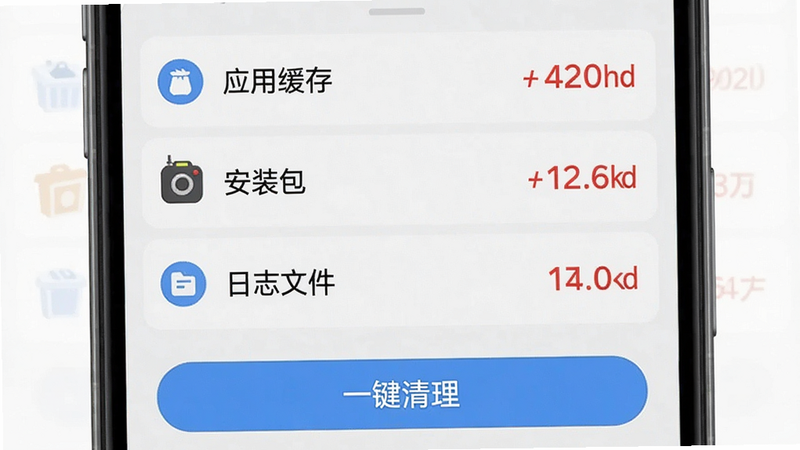 91Trial智能垃圾清理功能截图,手机屏幕上显示扫描结果列表,包含“应用缓存”“安装包”“日志文件”等分类,每个分类后有红色数字表示可清理大小,底部有“一键清理”按钮,背景为浅灰色,风格简约清晰,无多余元素,画质干净。