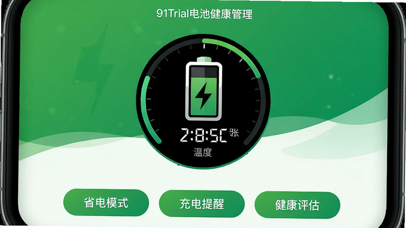 91Trial电池健康管理界面,中央显示电池图标与温度数字,下方有“省电模式”“充电提醒”“健康评估”三个选项按钮,整体配色为绿色与白色,风格清新,无多余元素,画质高清。
