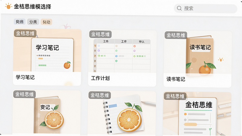 主体为金桔思维模板选择页面,以网格形式展示多个模板缩略图,包括“学习笔记”、“工作计划”、“读书笔记”等,每个缩略图左上角有“金桔思维”水印,布局整齐,风格清爽,细节包括分类标签和搜索框,画质高清干净,无多余元素。