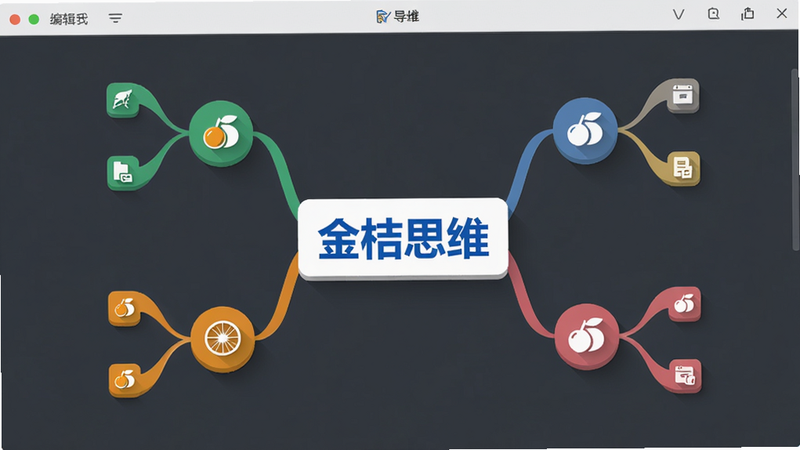 主体为金桔思维智能导图编辑界面,中心主题“金桔思维”用蓝色粗体显示,周围分布着五个彩色分支节点,每个节点有不同颜色,节点之间用曲线连接,布局对称,风格现代扁平,细节包括节点上的小图标和阴影,画质高清干净,无多余元素。