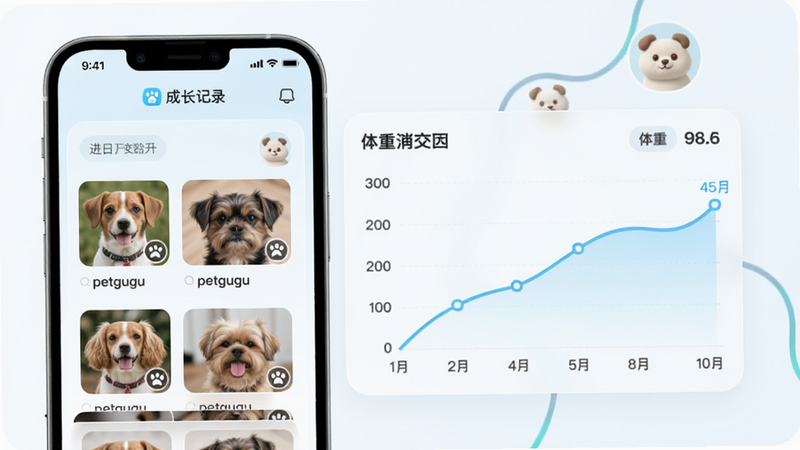 主体为 petgugu 应用内的成长记录页面,左侧显示宠物照片列表,右侧是体重变化曲线图,界面简洁带有毛玻璃效果,风格扁平清新,细节包括日期标签和宠物头像,画质干净,文字标注“petgugu 成长记录”。