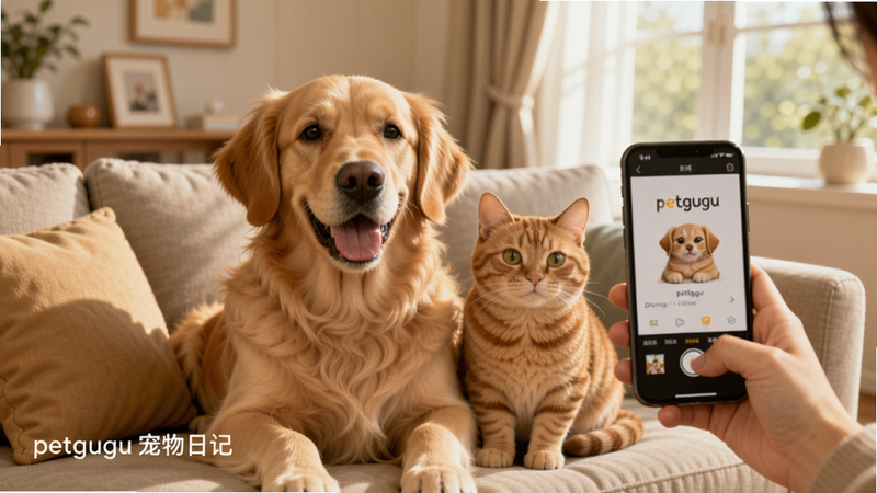 主体为一只可爱的金毛犬和一只橘猫并排坐在沙发上,主人正用手机对着它们拍照,手机屏幕上显示 petgugu 应用界面,背景是温馨的客厅,阳光透过窗户洒落,风格写实温馨,画质高清,干净无多余元素,文字标注“petgugu 宠物日记”。