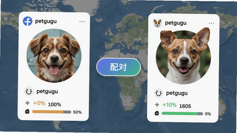 主体为 petgugu 的配对交友界面,左右分屏显示两只宠物的资料卡,中间有“配对”按钮,背景是模糊地图,风格社交化,细节包括宠物头像和匹配度百分比,画质干净。