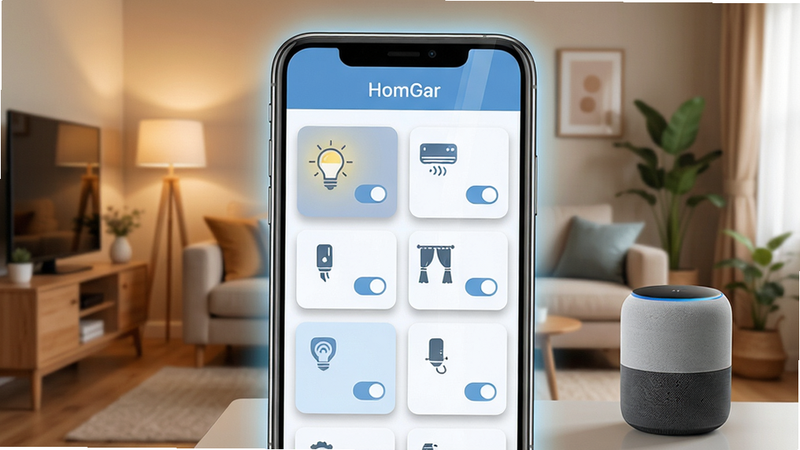 主体: HomGar 应用界面截图,显示智能家居控制面板,包含灯光、空调、窗帘等设备卡片,背景是温馨家庭客厅场景。布局: 界面居中,手机屏幕占据画面主导,周围有微弱光晕。排版: 顶部标题栏写有