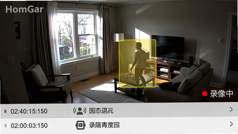 主体: HomGar 视频监控界面,画面显示客厅区域,一扇窗户有阳光射入,一个移动检测框标记出一个人影。布局: 画面分为上下两部分,上方为实时视频流,下方为事件列表。排版: 视频左上角显示