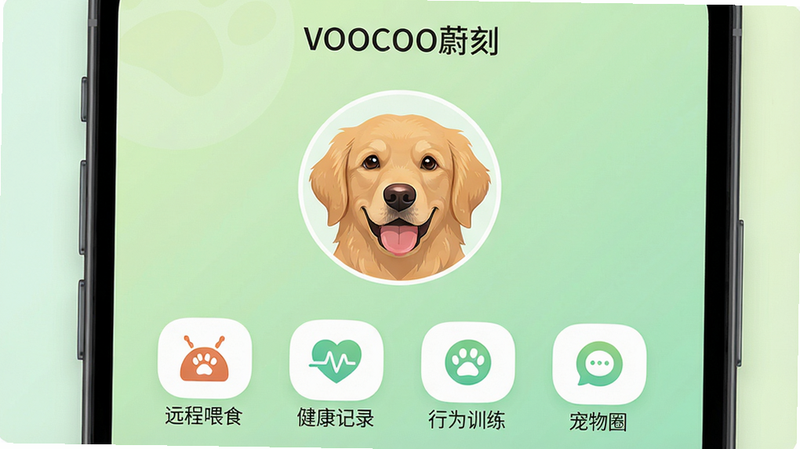 一张展示VOOCOO蔚刻主界面的手机截图,屏幕中央是一只可爱的金毛犬头像,下方排列着“远程喂食”“健康记录”“行为训练”“宠物圈”四个圆角图标,背景是柔和的浅绿色渐变,扁平化UI风格,画面干净明亮,细节清晰,画质高清,文字“VOOCOO蔚刻”位于顶部。