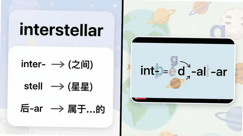 一张手机截图分屏展示,左侧是单词“interstellar”的详细页面,上方大字显示单词,下方依次列出前缀“inter-”(之间)、词根“stell”(星星)、后缀“-ar”(属于…的),并用箭头连接。右侧是一个小窗口,播放简短动画演示字母组合的拼接过程。布局左右平衡,风格简洁教育风,细节包括圆角卡片和柔和配色。画质清晰,无多余元素。
