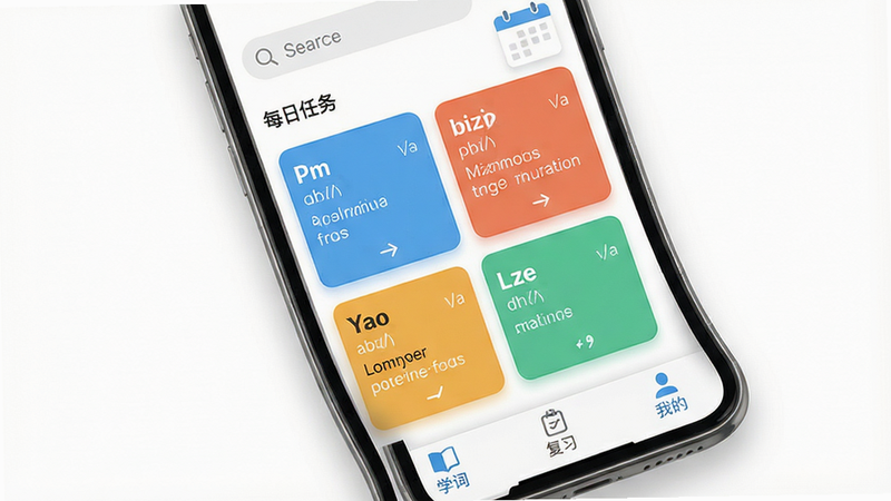 一张手机屏幕的俯视图,主体显示记忆字典应用主界面,顶部有搜索栏和“每日任务”入口,中间区域排列着颜色清新的单词卡片,卡片上标注单词、音标和例句,底部导航栏有“学词”“复习”“我的”三个标签。布局简洁,排版整齐,风格扁平化,细节包括卡片阴影和微交互按钮。画质高清,背景为纯白渐变,无多余元素,干净明亮。
