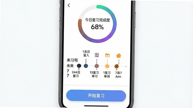 一张手机截图展示复习计划页面,上半部分是一个进度圆环,显示今日复习完成度68%,下方以时间轴形式列出未来7天的待复习单词数量,每个节点颜色深浅不同。页面底部有“开始复习”大按钮。布局纵向,排版清晰,风格数据可视化,细节包括圆环渐变和节点图标。画质干净,无多余元素。