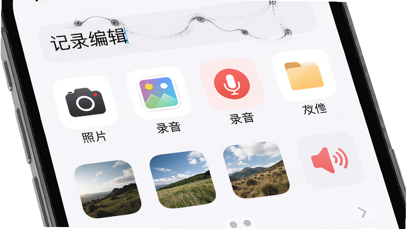 主体:手机屏幕显示尘迹的附件上传界面,布局:上方是一个记录编辑框,下方有多个附件图标(相机、相册、录音、文件),中间一条记录已添加了三张图片缩略图和一个录音图标。排版:网格布局,图标圆润。风格:明亮简洁,背景白色。细节:图片缩略图带圆角,附件图标底部有文字“照片”、“录音”。画质:高清,无多余元素。