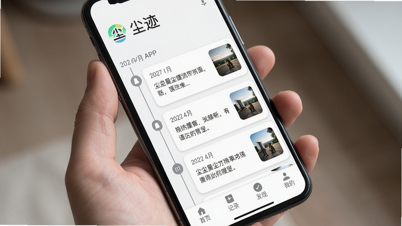 主体:手机屏幕显示尘迹APP主界面,布局:上方有“尘迹”Logo,中间以时间线形式排列多条记录卡片,包含日期、文字摘要和缩略图,下方有底部导航栏(首页、记录、发现、我的)。排版:卡片式布局,白色背景,灰色分隔线。风格:扁平化、清新简约,类似Material Design。细节:界面干净,卡片圆角,图标简洁。画质:高清,光线柔和,无多余元素。