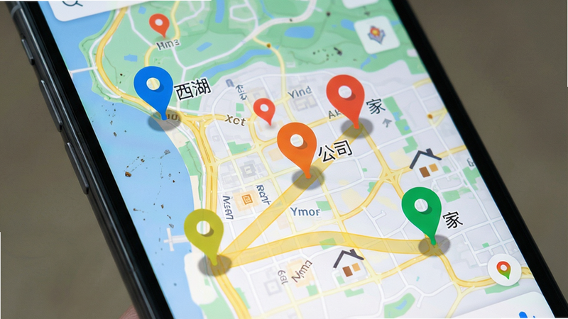 主体:手机屏幕显示尘迹的地图足迹界面,布局:全屏地图,上面散布多个彩色图钉,每个图钉旁有简短文字标签如“西湖”、“公司”、“家”,下方有一条黄色轨迹连接各个图钉。排版:地图占满屏幕,图钉清晰可见。风格:类似高德地图风格,色彩鲜艳。细节:图钉带有小圆点阴影,轨迹线半透明。画质:高清,无多余元素。