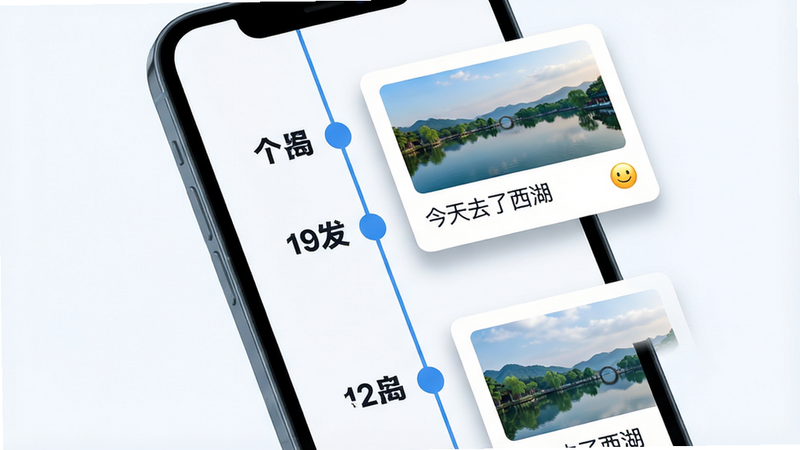 主体:手机屏幕展示尘迹的时间线界面,布局:纵向时间轴,左侧有圆点标记日期,右侧是卡片记录,包含一张风景照片、一段文字“今天去了西湖”和一个小笑脸图标。排版:时间线居中,卡片左右交错。风格:简洁现代,蓝色调为主。细节:卡片有阴影,日期字体加粗。画质:清晰明亮,无多余元素。