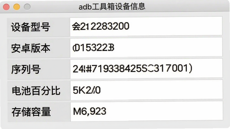 adb工具箱设备信息界面,显示表格包含“设备型号”、“安卓版本”、“序列号”、“电池百分比”、“存储容量”等字段,数据排列整齐,背景浅灰色,字体清晰,画质干净
