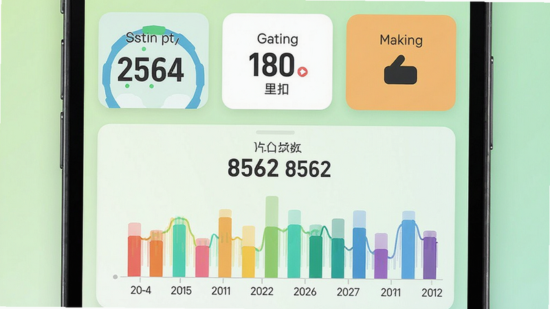 展示人人走路计步器的主界面,一部手机屏幕上半部分显示步数、里程和卡路里的大数字卡片,下半部分为以日期为横轴的彩色柱状图,背景为淡绿色渐变,整体风格简洁明快,扁平化设计,画质高清干净,无多余元素,文字“今日步数 8562”出现在卡片中央。