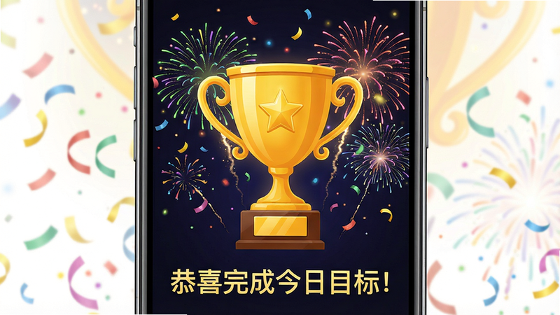 人人走路计步器的目标达成庆祝界面,手机屏幕中央显示大号金色奖杯图标,下方文字“恭喜完成今日目标!”,背景有彩色烟花粒子特效,整体风格喜庆但不花哨,画质清晰,无多余元素。