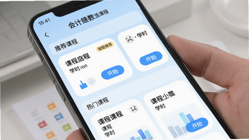 手机屏幕展示'会计继教'选课推荐页面,布局分为'推荐课程''热门课程'两个区域,每个课程卡片有课程名称、学时和开始按钮,风格清新,浅蓝背景,卡片圆角设计,细节包括'智能推荐'标签,画质清晰干净