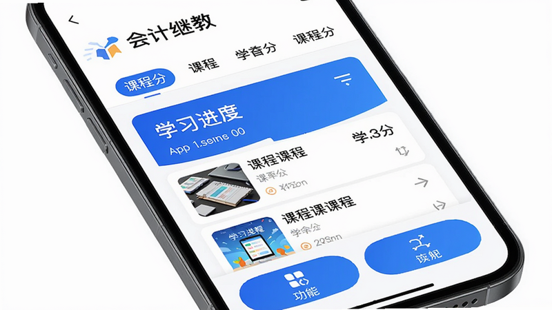 主体为智能手机屏幕显示'会计继教'APP主界面,布局上方为课程分类导航,中间为学习进度卡片,下方为功能按钮,风格简洁现代,白色背景搭配蓝色主题色,细节包括课程列表缩略图、学分数字显示,画质高清,干净无多余元素