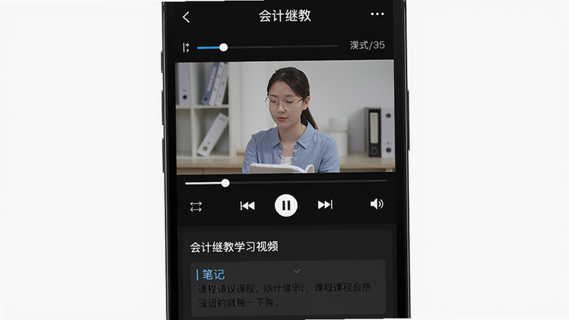 主体为手机屏幕显示'会计继教'学习视频播放界面,布局中视频窗口上方有进度条和控制按钮,下方显示课程名称和笔记区域,风格现代,暗色播放器背景,细节包括播放/暂停按钮、音量图标,画质高清干净