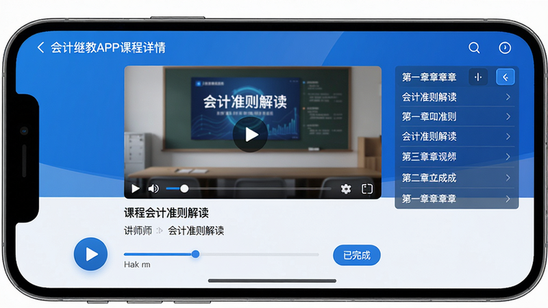 主体:会计继教APP课程详情页面,显示“会计准则解读”课程视频播放界面,下方有进度条和“已完成”按钮;布局:手机横屏展示,视频播放窗口占据上部;排版:简洁清晰,播放窗口下方有课程名称、讲师信息;风格:现代科技风,蓝色主调;细节:播放按钮、清晰度选择、章节列表;画质:高清,干净,无多余元素