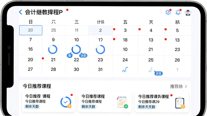 主体:会计继教APP智能提醒界面,日历上标记学习计划,下方有“今日推荐课程”卡片;布局:日历表格位于上半部分,推荐列表在下;排版:信息分区明确,提醒红点醒目;风格:清新简洁,白色背景配蓝色强调色;细节:日期数字、进度圆环、剩余天数标签;画质:干净,高清,无多余元素