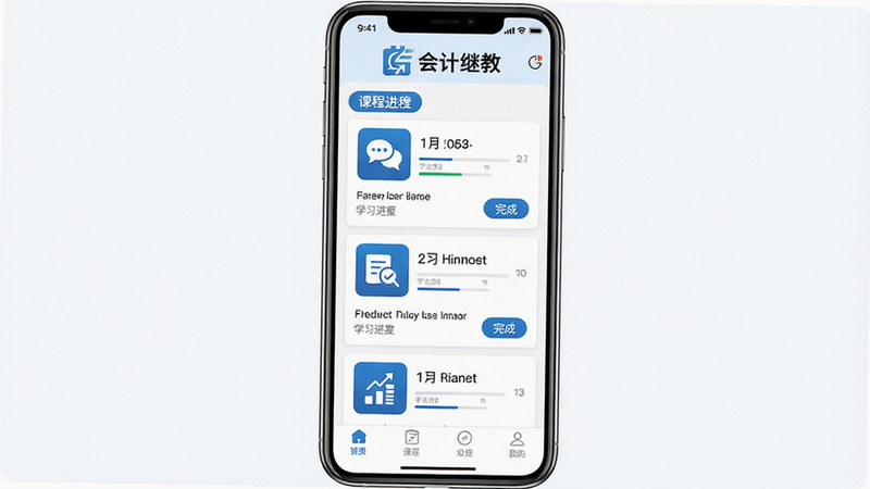 主体:手机屏幕显示会计继教APP主界面,顶部有“会计继教”Logo,中部展示课程列表,底部导航栏;布局:居中构图,手机竖屏展示;排版:界面整洁,课程卡片排列有序;风格:扁平化设计,蓝白配色;细节:课程封面图标、学习进度条、完成按钮;画质:高清,干净,无多余元素