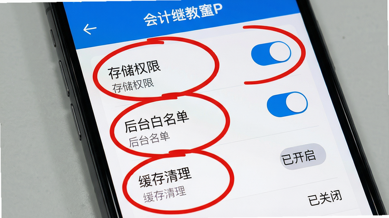 主体:手机屏幕展示会计继教APP设置页面,突出显示“存储权限”“后台白名单”“缓存清理”三个选项;布局:手机竖屏特写,三个选项用红色圆圈标注;排版:列表菜单形式,选项下方有简短说明文字;风格:简洁实用,蓝白配色;细节:开关滑块、文字标签“已开启”“已关闭”;画质:高清,干净,无多余元素