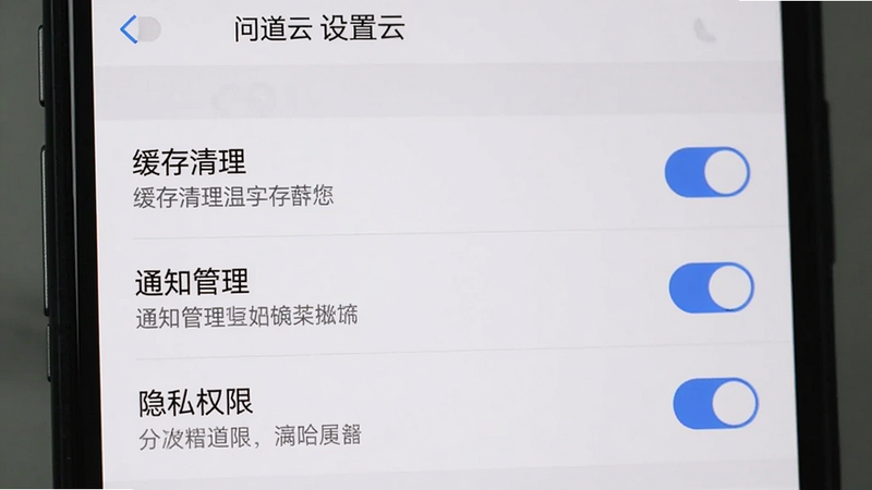 问道云使用教程截图,主体为手机屏幕显示“设置”页面,包含“缓存清理”“通知管理”“隐私权限”等选项,布局列表形式,风格系统设置风格,细节包括开关按钮和提示文字,画质清晰,干净无多余元素,文字显示“问道云 设置”