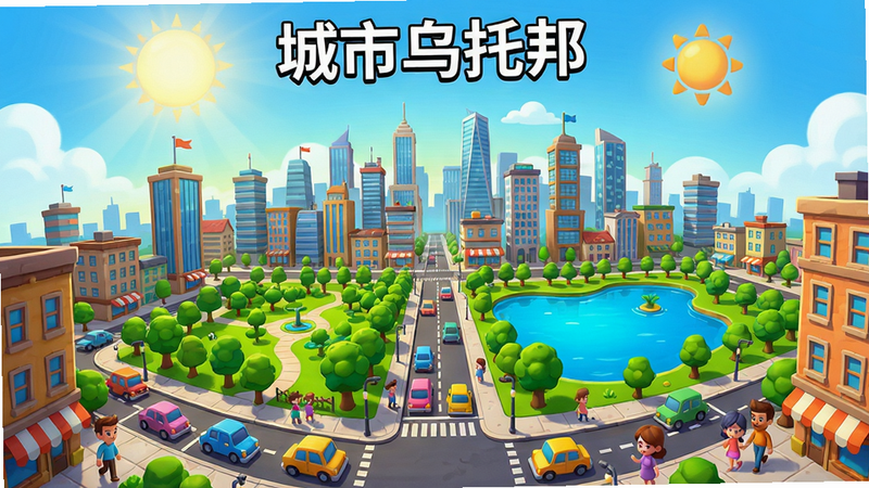 城市乌托邦游戏全景截图,展示繁华城市天际线,高楼林立,绿色公园与蓝色湖泊点缀其间,街道上车水马龙,市民悠闲散步,阳光明媚,画面色彩鲜艳,卡通渲染风格,细节丰富,画质高清,干净无多余元素,文字“城市乌托邦”居中上方
