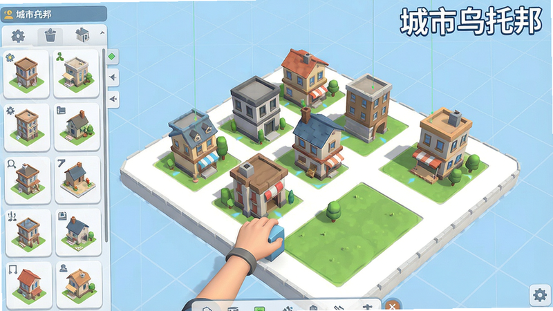 城市乌托邦游戏界面显示自由建造模式,玩家正在拖动建筑放置到空地上,网格布局清晰,建筑图标丰富,左侧工具栏包含各类建筑分类,风格简约明快,画面干净,画质高清,文字“城市乌托邦”在右上角