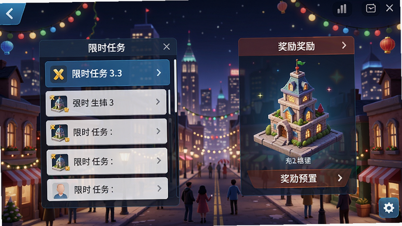 城市乌托邦活动界面,展示限时任务列表,奖励预览包含特殊建筑,背景为节日装饰的城市夜景,五光十色,气氛热闹,画质高清,干净无多余元素