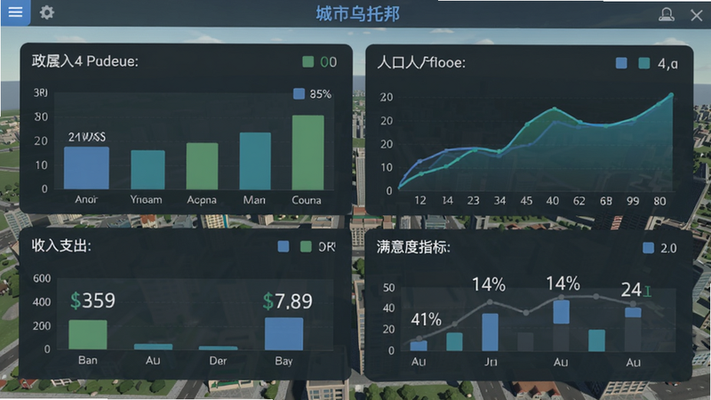 城市乌托邦经济模拟界面,展示城市财政面板,包含收入支出图表、人口曲线、满意度指标,数字清晰,风格现代扁平,背景是城市俯瞰图,整体干净专业