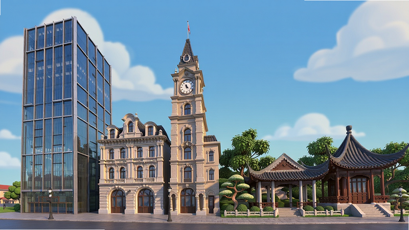 城市乌托邦建筑预览图,展示一排风格各异的建筑,包括现代玻璃幕墙高楼、古典欧式钟楼、中式园林亭台,背景是蓝天白云,画面色彩饱和,细节精致,画质清晰
