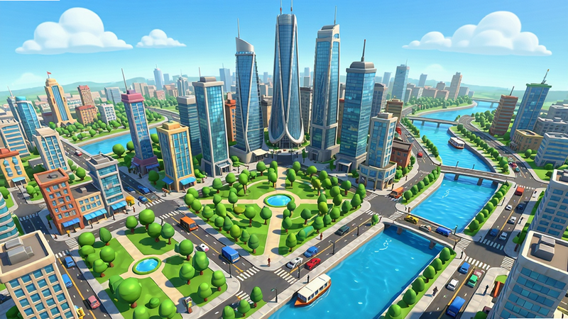 城市乌托邦游戏整体预览图,展示一座繁华的现代城市全景,中央有高楼大厦、绿色公园、蜿蜒的河流和繁忙的交通,画面色彩明亮,风格卡通写实,细节丰富,画质高清干净,无多余元素
