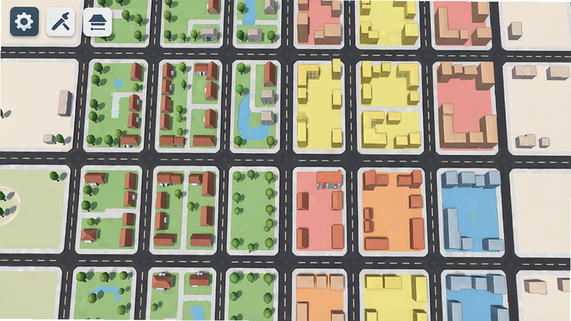 城市乌托邦自由规划布局界面,展示玩家正在编辑城市地图,道路网格清晰,有住宅区、商业区不同颜色划分,左上角有工具图标,整体界面简洁干净,画质高清