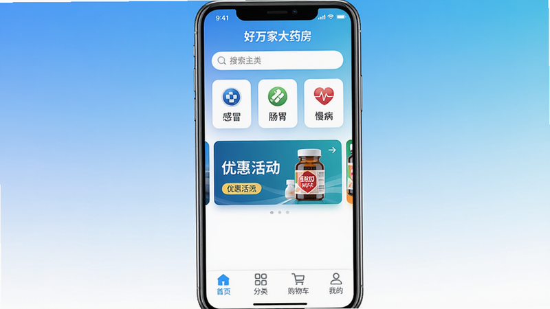 ����Ҵ�ҩ��app������չʾ�����岼�ֲ��ÿ�Ƭʽ��ƣ������������·�ΪҩƷ����ͼ�꣨���ð����θ�����������м��ֲ�ͼ��ʾ�Żݻ���ײ�������������ҳ�����ࡢ���ﳵ���ҵġ�����Ϊ������ɫ����ɫ���ֻ���Ļ���У����ʸ��壬�ɾ��޶���Ԫ�أ�����ִ���࣬���ֱ�ע