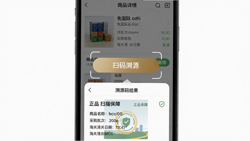 图片展示cdfi中免国际商品溯源功能,主体为智能手机屏幕,布局上方显示商品详情页,中间有一个醒目的“扫码溯源”按钮,下方弹出溯源码扫描结果窗口,包含商品名称、采购批次、海关清关日期等信息。风格为App界面截图风格,画质清晰,细节丰富,背景为纯白色,无多余元素,突出“正品保障”核心卖点。