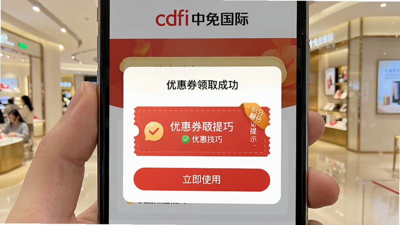 图片展示cdfi中免国际使用经验场景,主体为手机屏幕显示“优惠券领取成功”弹窗,布局上方有“cdfi中免国际”logo,中间弹出红色优惠券卡片,底部有“立即使用”按钮。风格为App界面截图,色彩明亮,细节包括积分翻倍提示文字,画质干净,突出“优惠技巧”主题。
