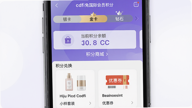 图片展示cdfi中免国际会员积分界面,主体为手机屏幕,布局顶部是会员等级进度条(银卡→金卡→钻石卡),中间显示当前积分余额和“积分商城”入口,下方罗列积分兑换商品列表(如小样套装、优惠券)。风格为App界面设计,采用渐变紫色背景与白色卡片,画质高清,干净无多余元素。
