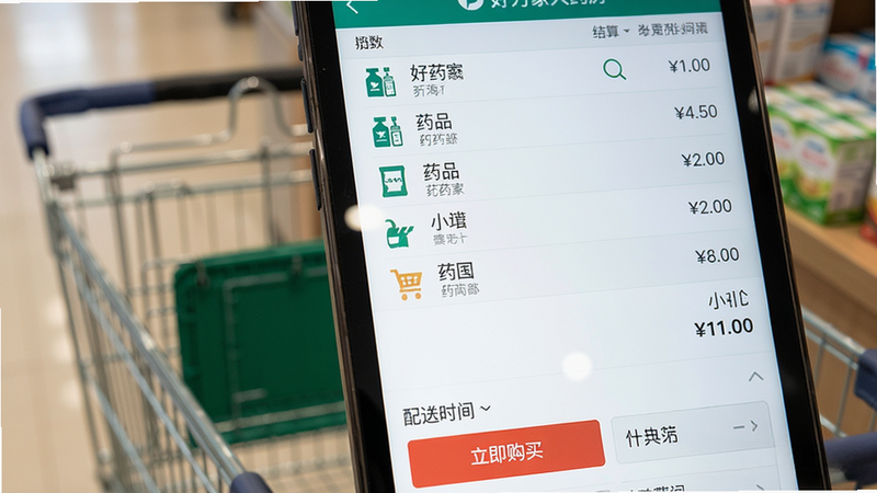 一张好万家大药房购物车结算界面截图,屏幕显示药品清单、小计金额,下方有“立即购买”红色按钮和配送时间选择,背景模糊处理,突出清单列表,风格清新简约,高清画质,包含“好万家大药房”水印。