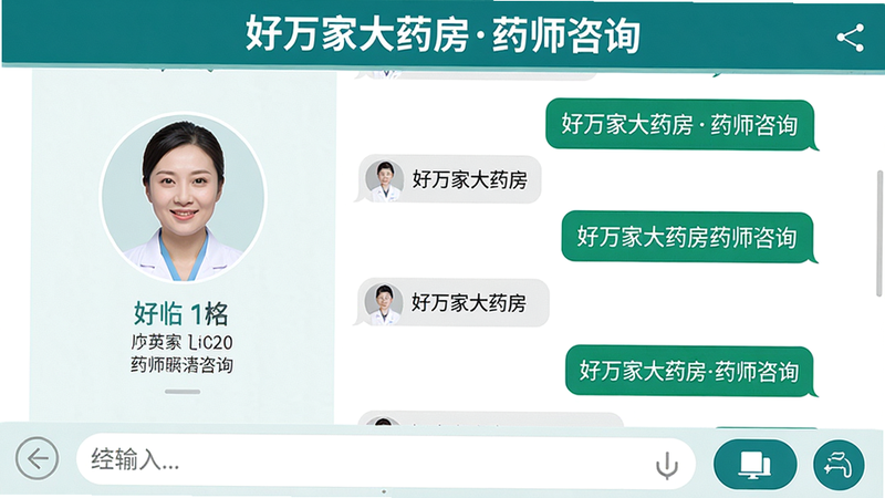一张好万家大药房药师咨询界面截图,左侧是药师头像和姓名信息,右侧是聊天记录气泡,底部有输入框和功能按钮,界面顶部有“好万家大药房药师咨询”字样,风格简洁专业,高清画质。